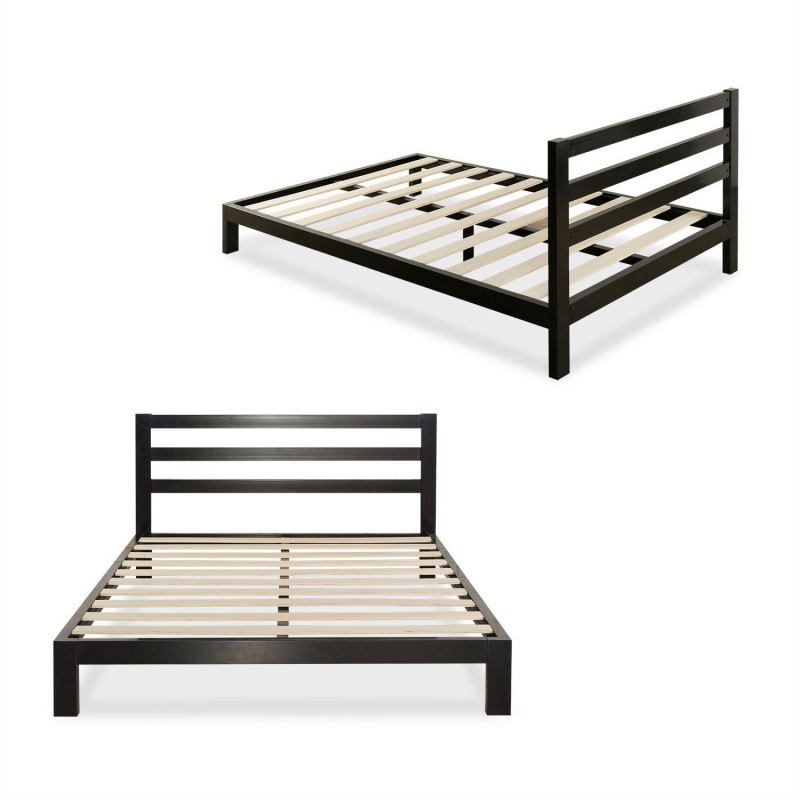 Full Size Heavy Duty Metal Platform Bed Frame With Headboard And Wood Slats