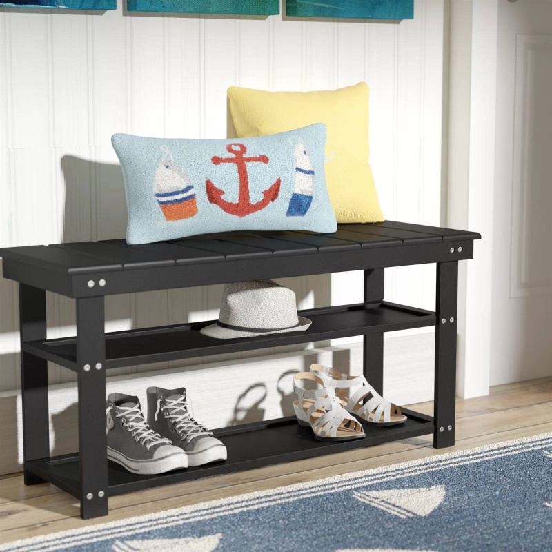 Black Wooden 2Shelf Shoe Rack Storage Bench For Entryway Or Closet