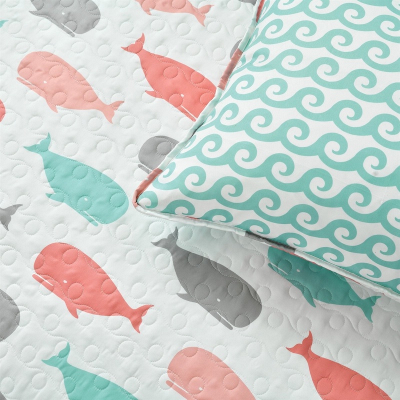 Full/Queen 5 Piece Microfiber Quilt Set In Teal Pink Aqua Waves Whale Pattern