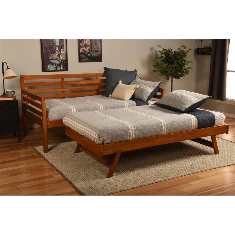 Solid Wood Day Bed Frame With Pull-Out Pop Up Trundle Bed In Medium Brown