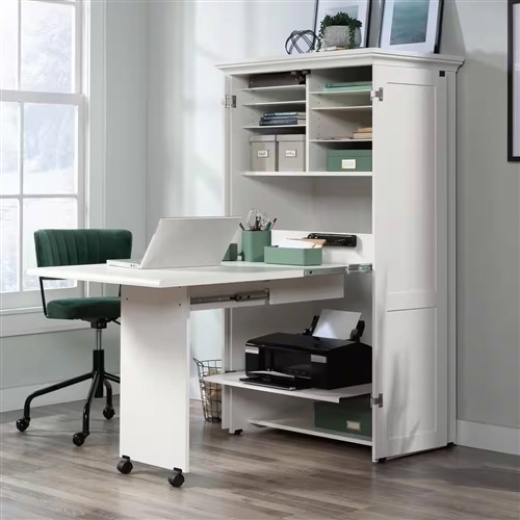 Drop Leaf Computer Desk Craft Table Armoire In White Wood Finish - Made In Usa