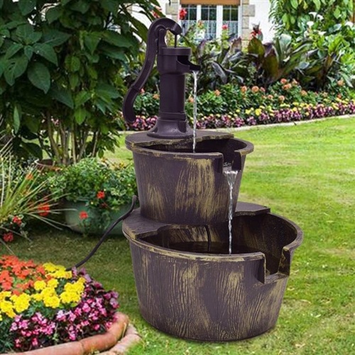 Outdoor 2-Tier Rustic Barrel Water Fountain With Submersible Pump