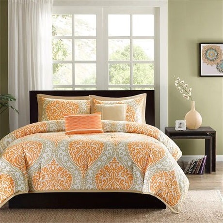 Twin Size 4-Piece Orange White Damask Print Comforter Set