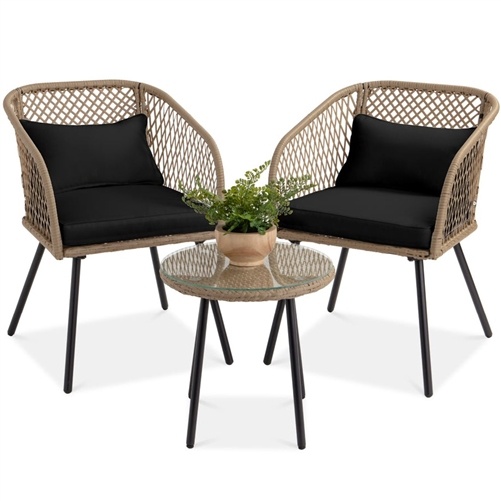 3 Piece Beige/Black Outdoor Weave Wicker Bistro Set with Tempered Glass Side Table