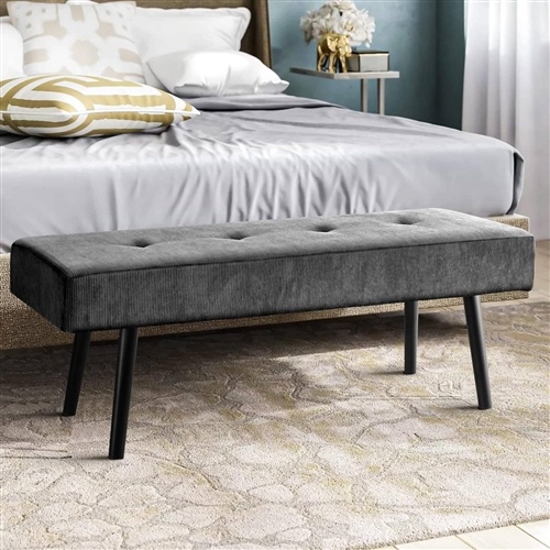 Mid-Century Grey Corduroy Upholstered End Of Bed Bench With Black Metal Legs