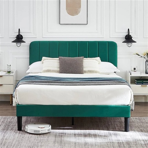 Full Size Green Upholstered Platform Bed Frame With Headboard