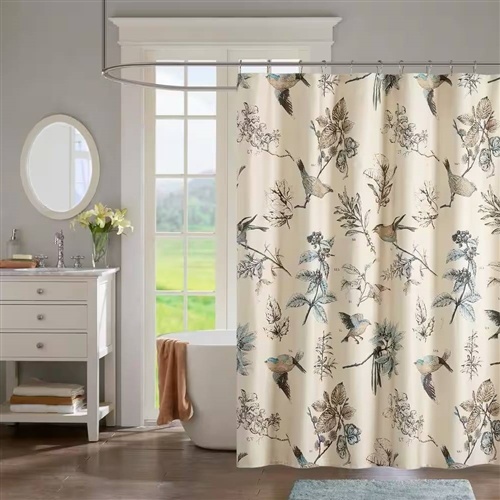 72-Inch Beige Khaki Cotton Shower Curtain with Vintage Birds Leaf Floral Print