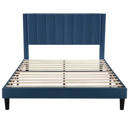 Queen Size Modern Navy Blue Velvet Upholstered Platform Bed with Headboard