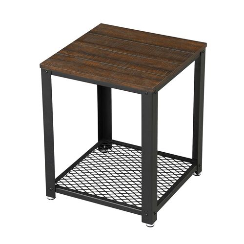 Modern Industrial Metal Wood Nightstand Side Table With Mesh Shelf