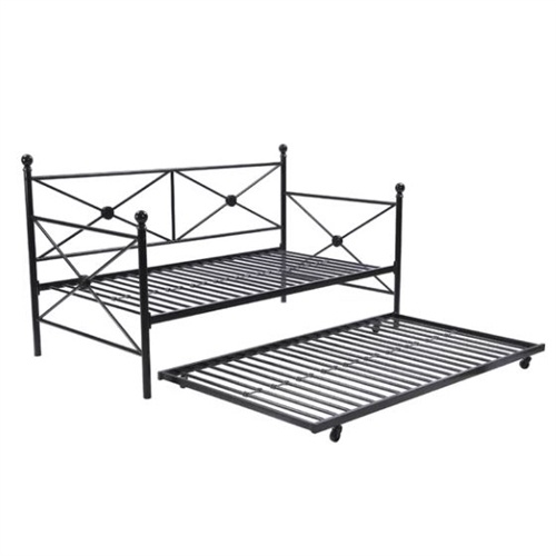 Full Size Black Metal Daybed Frame with Twin Roll-Out Trundle