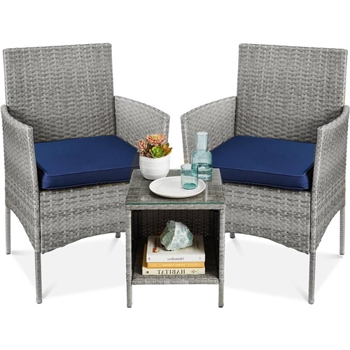 3-Piece Grey PE Wicker Outdoor Patio Furniture Dining Set w/ Navy Blue Cushions