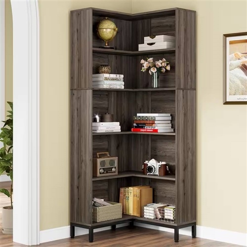71-Inch High Corner Bookcase Bookshelf in Dark Gray Wood Finish