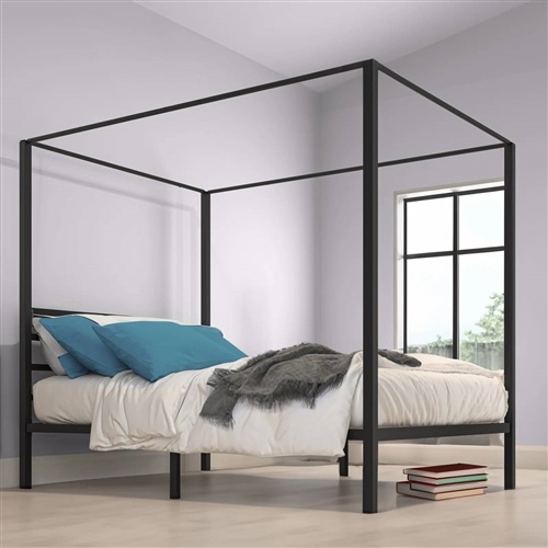 Queen Size Modern Four Poster Metal Canopy Bed In Black Finish