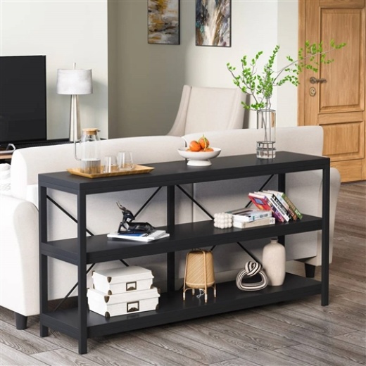 Industrial 55-Inch Black Wood Shelf Sofa Table With Heavy Duty Metal Frame