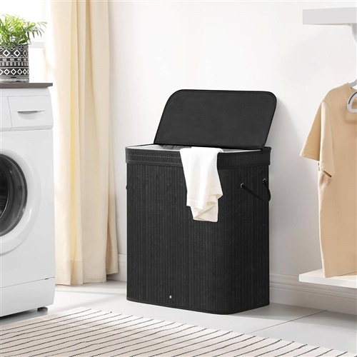 Black Bamboo Wood 26-Gal Laundry Hamper Basket W/ Removable Washable Cotton Bag