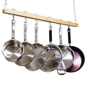 Ceiling Mount Single Bar Wooden Pot Rack With 4 Pan Hooks