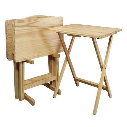 Set Of 4 - Solid Wood Folding TV Tray Table Set With Stand In Natural Finish