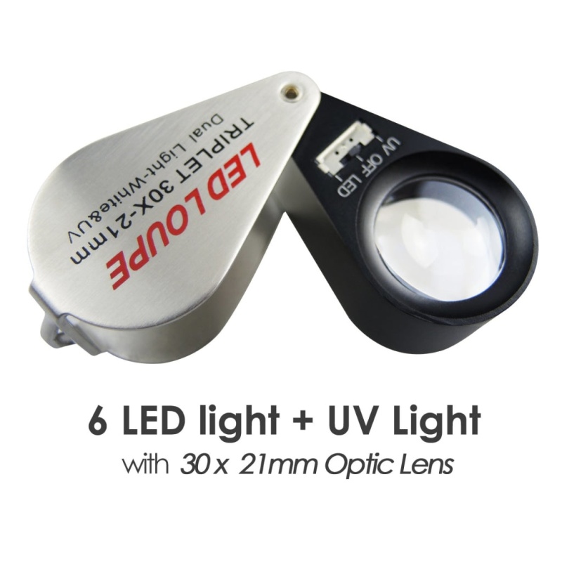 Mini 30X Jeweler Loupe Magnifier + Led & Uv Light 21Mm Lens
