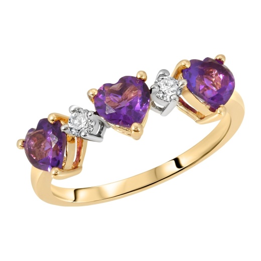 14K Solid Yellow Gold Triple Heart Purple Amethyst Ring with Natural Diamonds