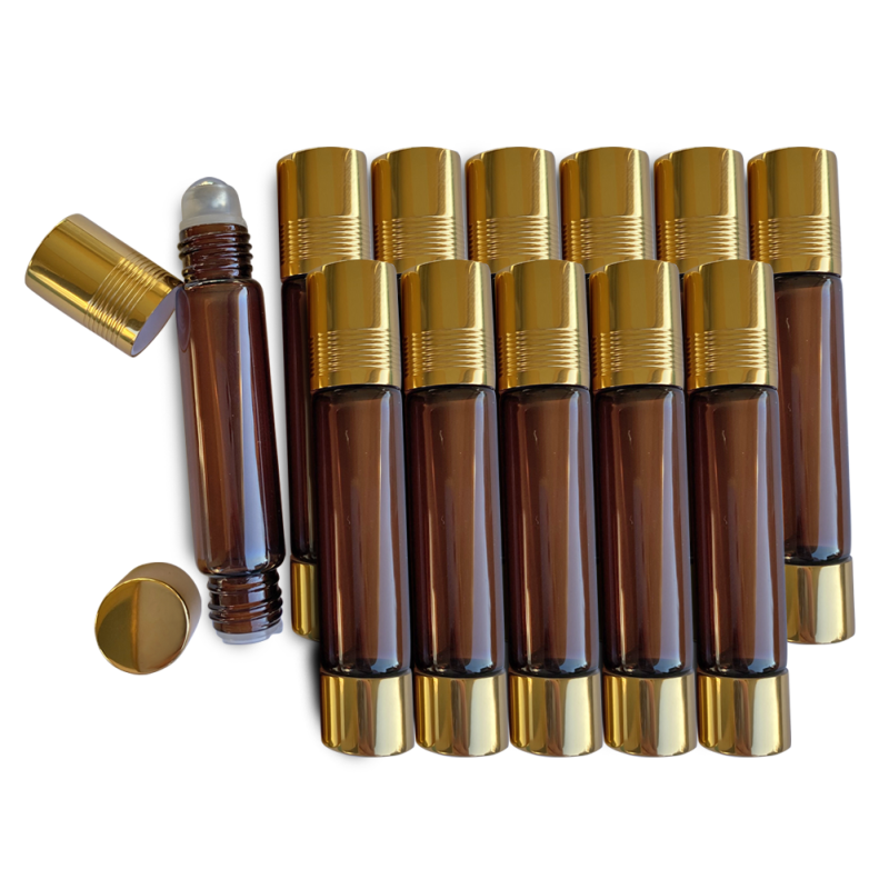Dual Fitment 10Ml Roller Bottle | Amber & Gold (12-Pack)