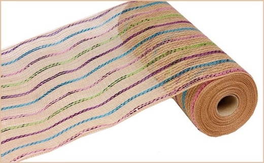 10.25"x10yd Jute Mesh with Pink/Blue/Purple Metallic Stripe Mesh