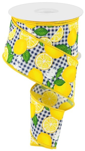 2.5"X10yd Lemon With Leaves Check Ribbon