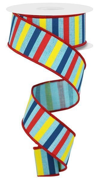 1.5"X10yd Red, Blue and Yellow Horizontal Stripe On Royal Ribbon
