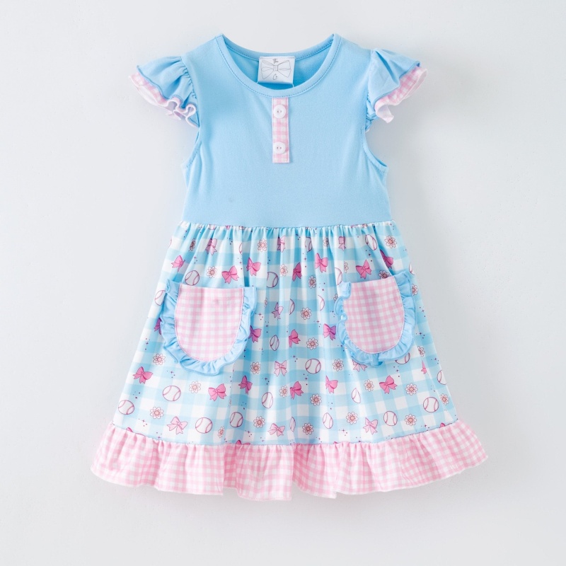 Girls Baseball & Bows Gingham Ruffled Dress