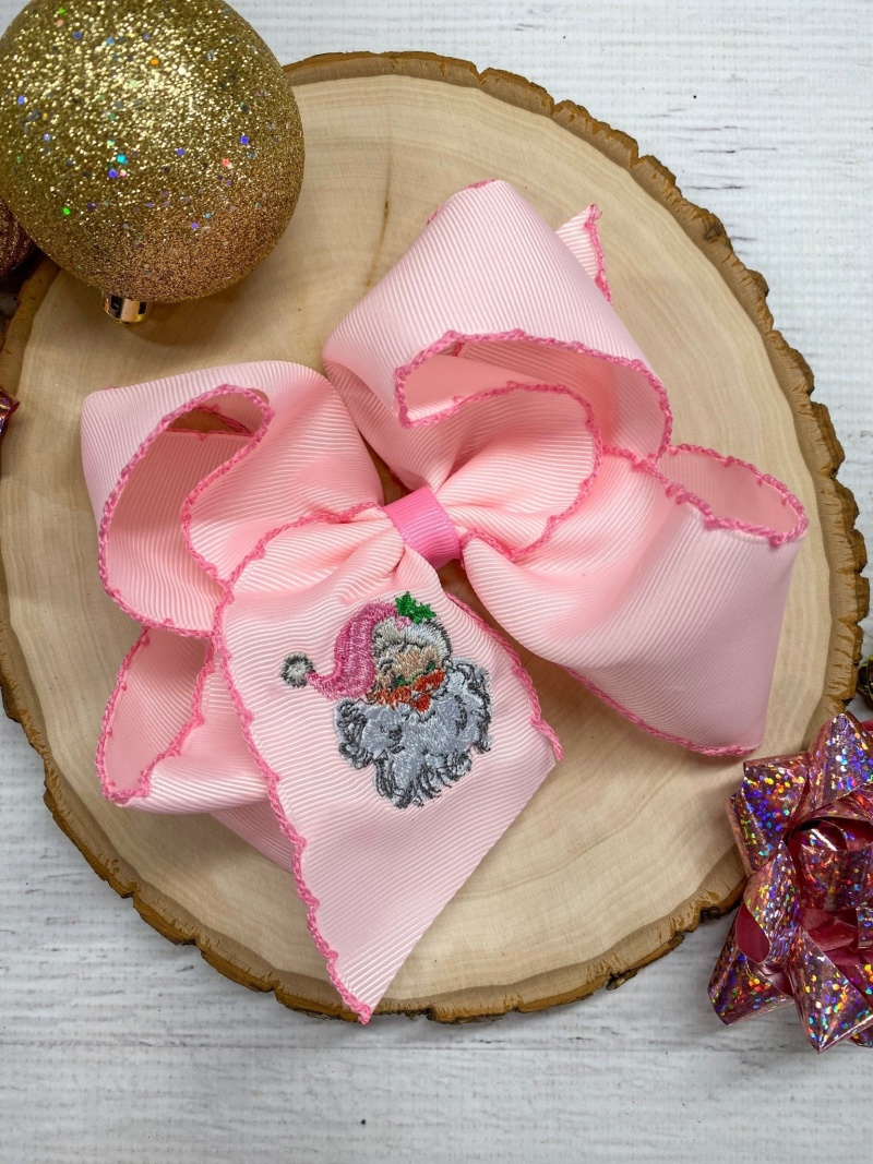 Pink Santa Embroidered Hair Bow | Clip Or Headband