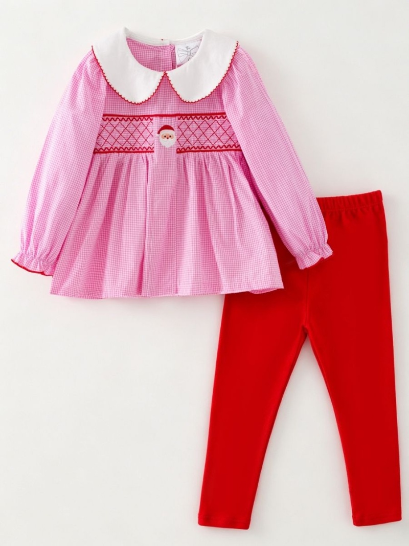 Pink Gingham Smocked Santa Girls Tunic & Red Legging Set