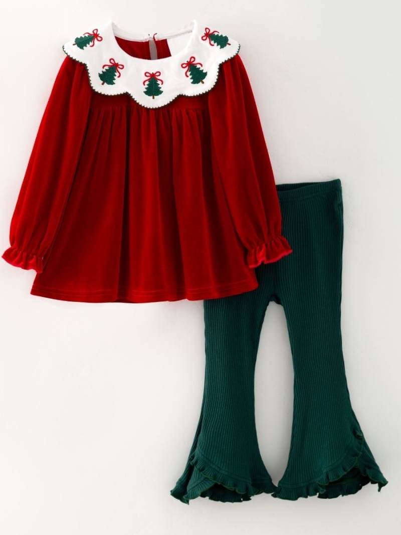 Red Velvet Christmas Tree Collar Girls Bell Bottom Set