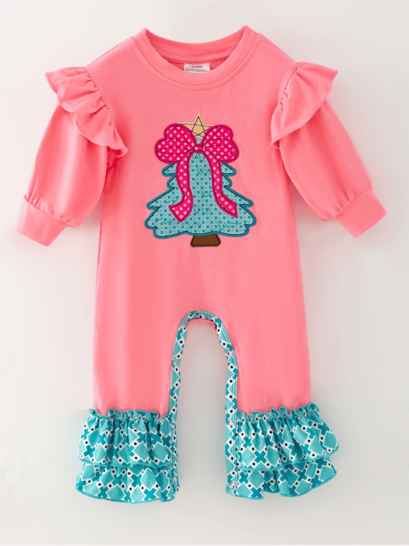 Baby Girl Pink Christmas Tree Applique Ruffle Romper