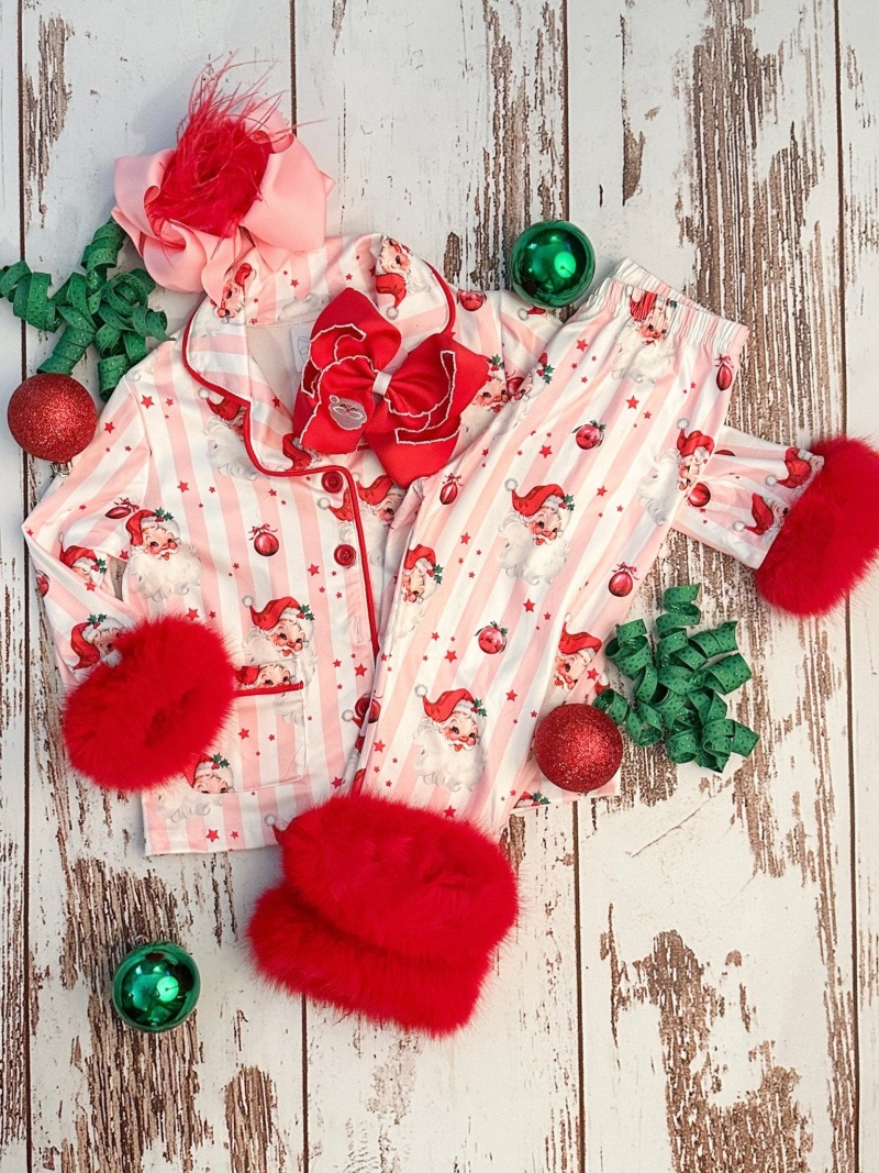 Mommy & Me Santa & Stripes Fuzzy Trim Pajamas
