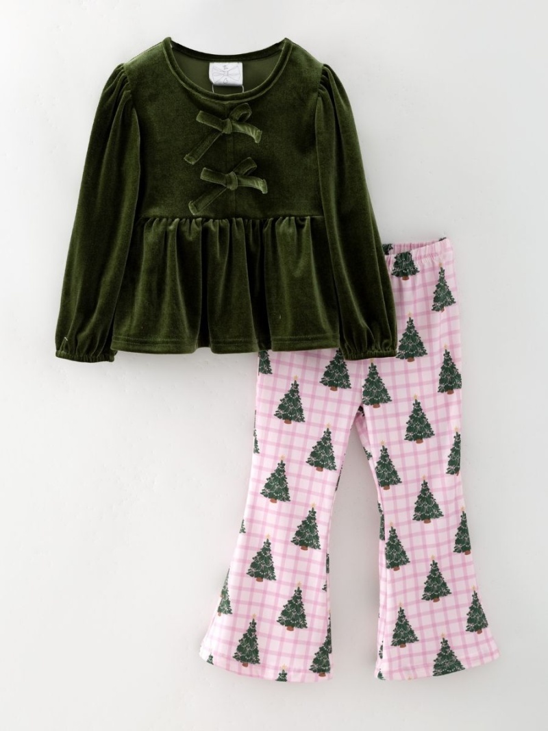 Girls Green Velvet Christmas Tree Pink Plaid Bell Bottom Set