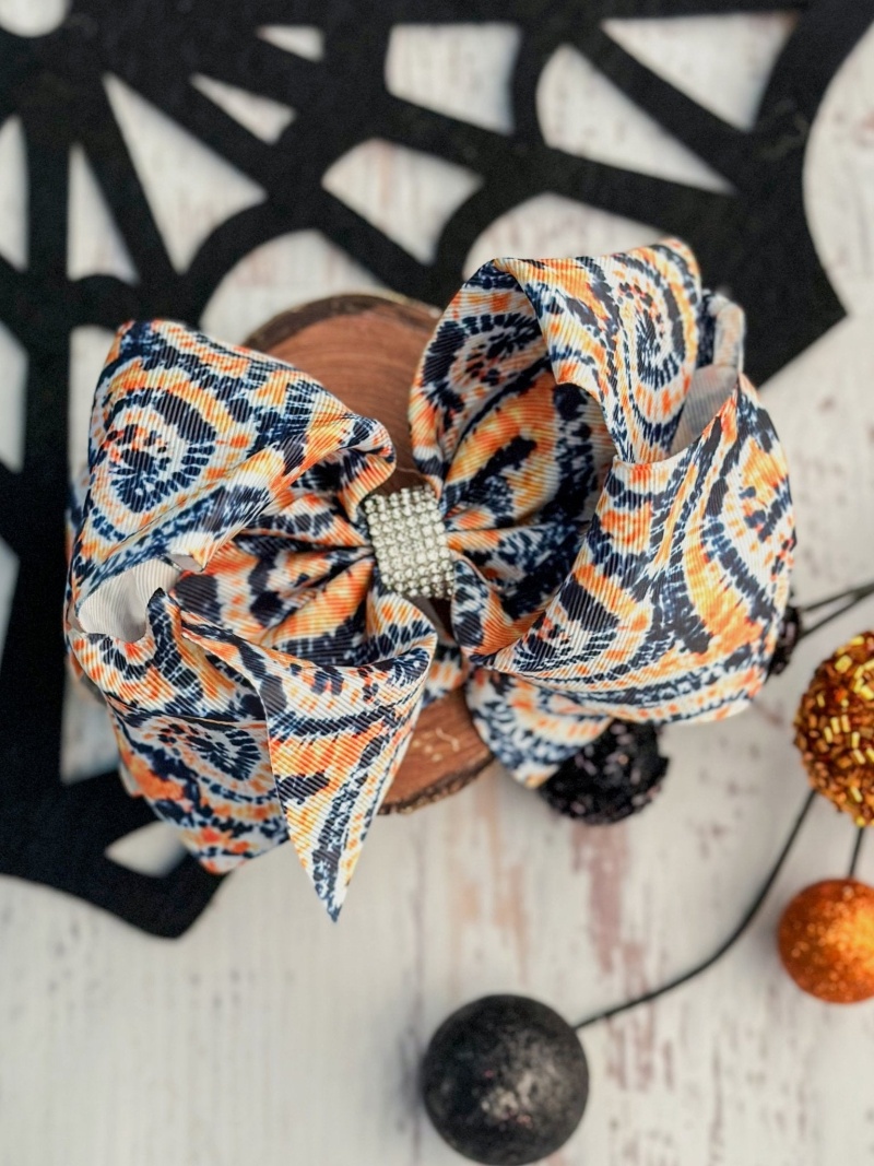 Halloween Orange & Black Xl Size Rhinestone Center Bow