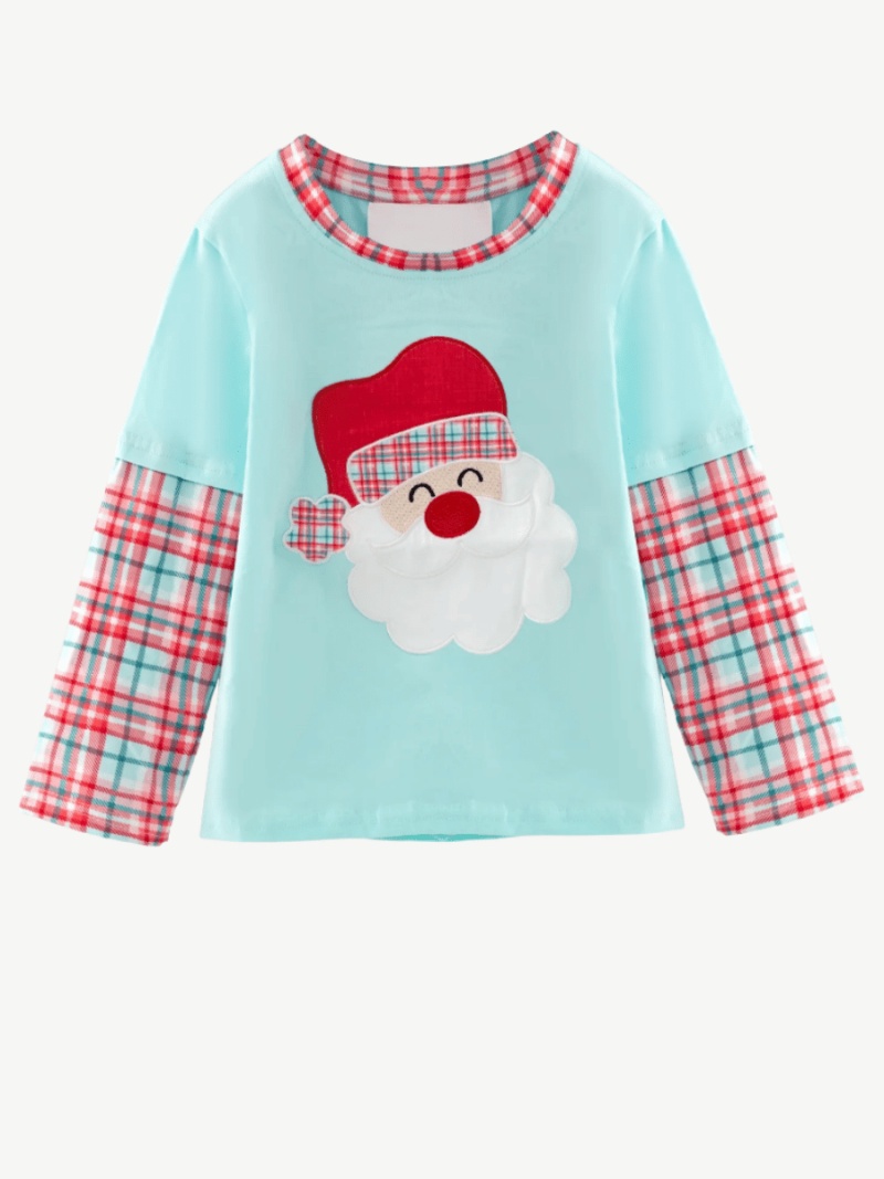 Boys Santa Plaid Long Sleeve Christmas Applique Shirt