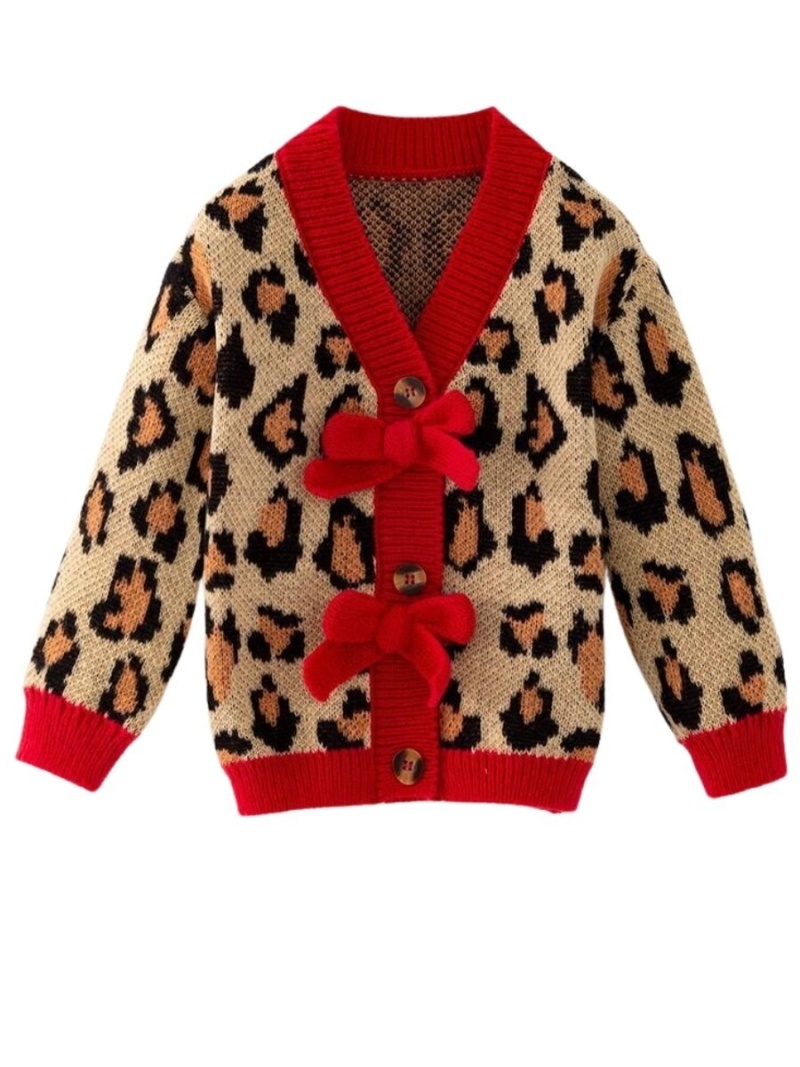 Girls Leopard Print Bow Cardigan Sweater with Red Trim