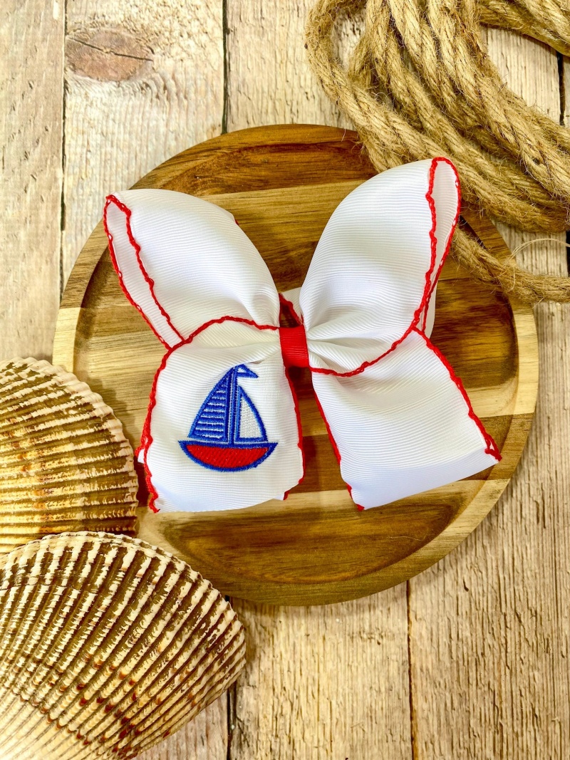 Sailboat Embroidered Classic Hair Bow | Clip Or Headband