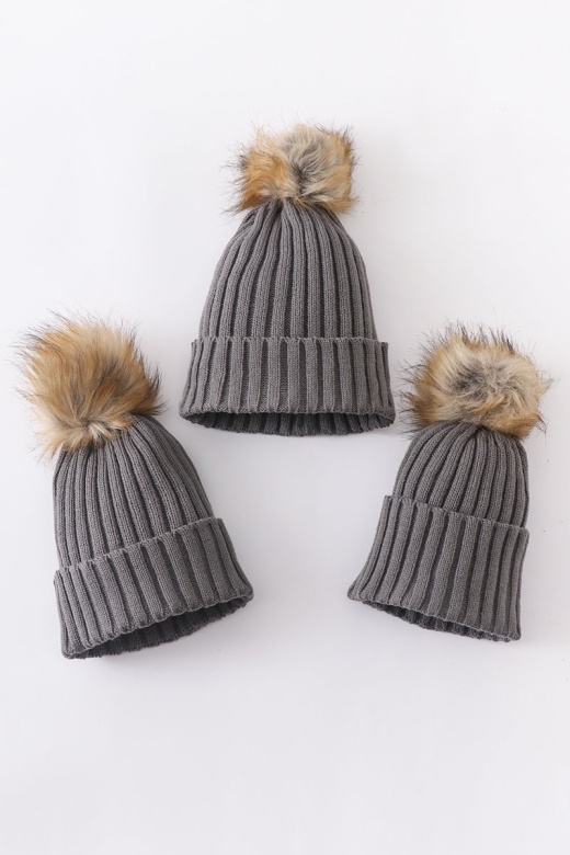 Grey Knit Pom Pom Beanie Hat for Baby, Toddler, and Adult