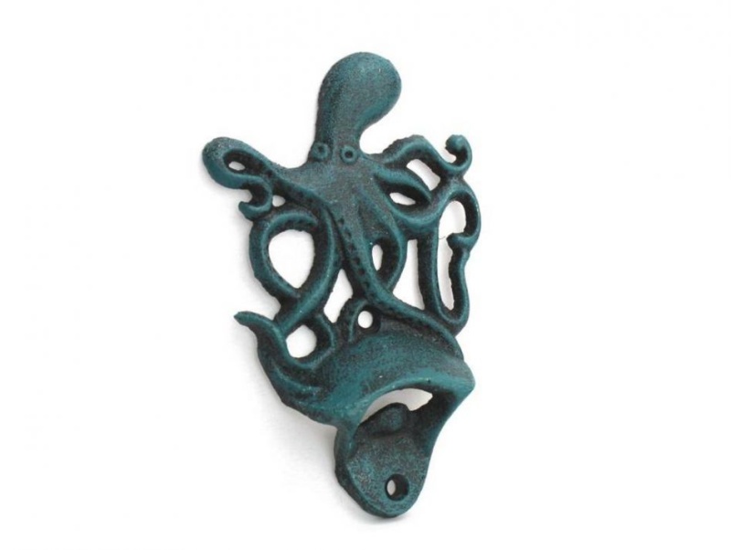 Seaworn Blue Cast Iron Wall Mounted Octopus Bottle Opener 6"