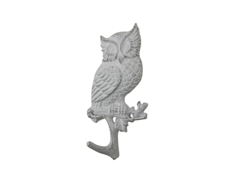 Whitewashed Cast Iron Owl Sitting On A Tree Branch Decorative Metal Wall Hook 6.5"