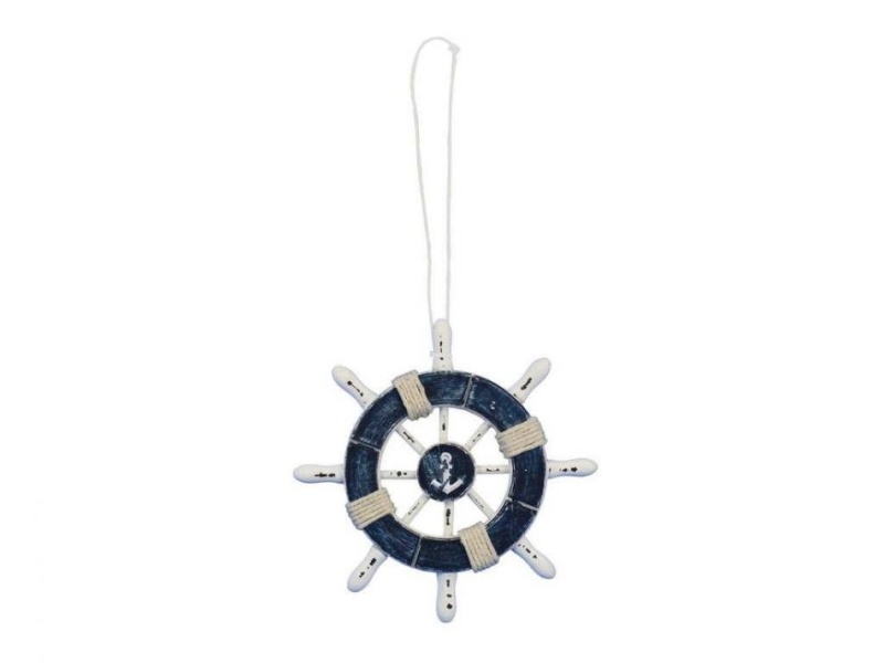 Rustic Dark Blue And White Decorative Ship Wheel With Anchor Christmas Tree Ornament 6"