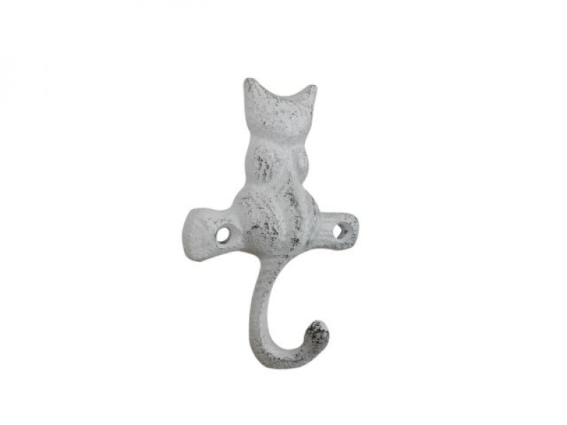 Whitewashed Cast Iron Cat On A Branch With Tail Decorative Metal Wall Hook 4"