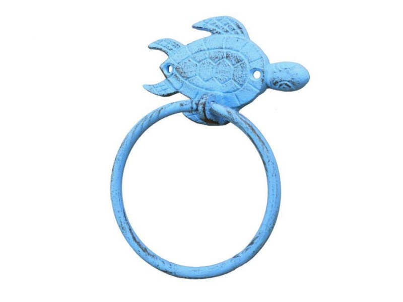 Rustic Light Blue Cast Iron Sea Turtle Towel Holder 7"