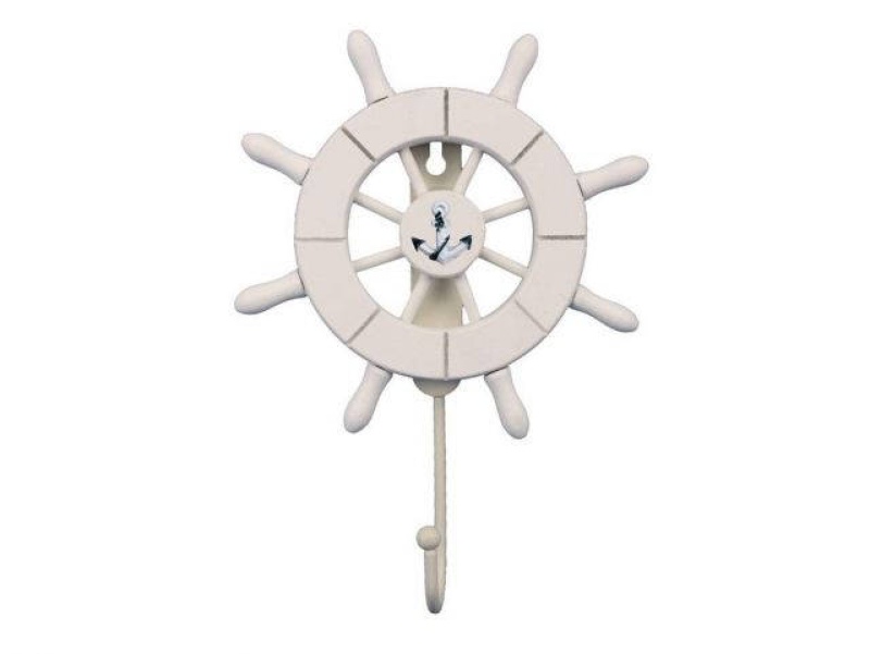 White Decorative Ship Wheel With Anchor And Hook 8"