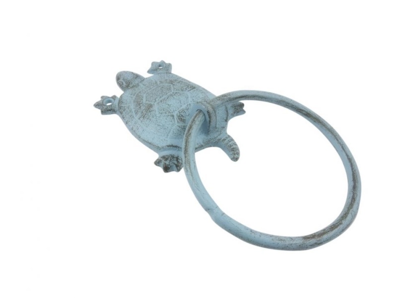 Rustic Light Blue Cast Iron Decorative Turtle Towel Holder 8"