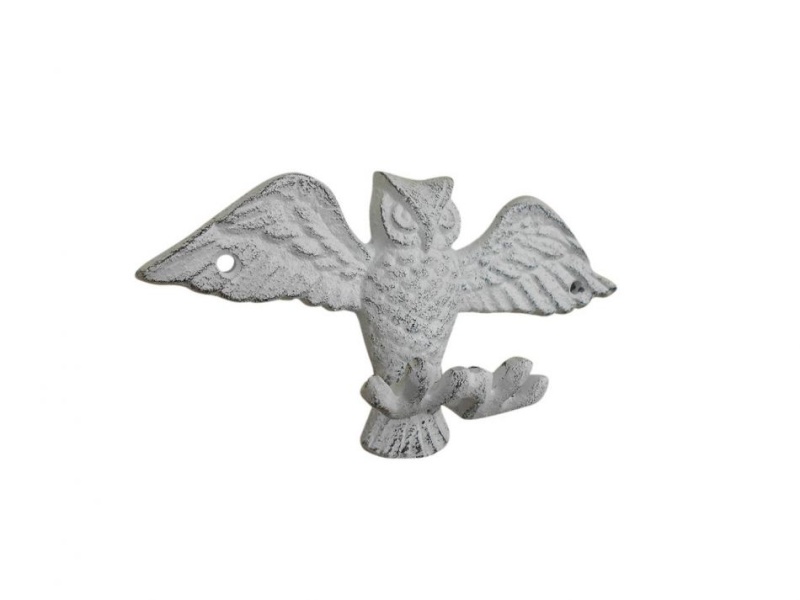 Whitewashed Cast Iron Flying Owl Decorative Metal Talons Wall Hooks 6"