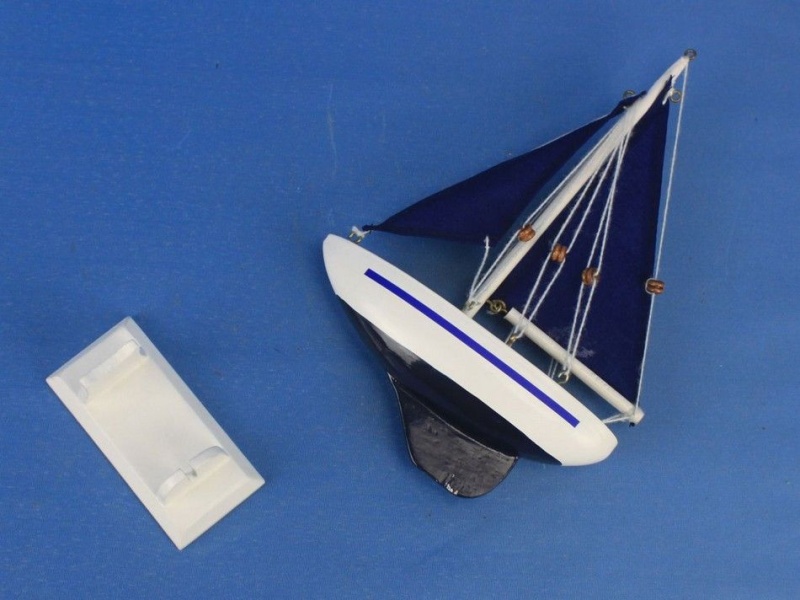 Wooden Blue Pacific Sailer With Blue Sails 9"