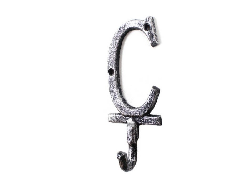 Rustic Silver Cast Iron Letter C Alphabet Wall Hook 6"