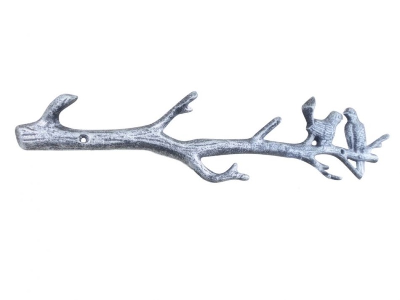 Rustic Silver Cast Iron Love Birds On A Tree Branch Decorative Metal Wall Hooks 19"